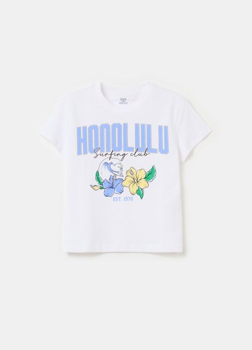 T-shirt - Non spécifié - Imprimé fleurs et surfer - 100% coton - Col rond - Manches courtes