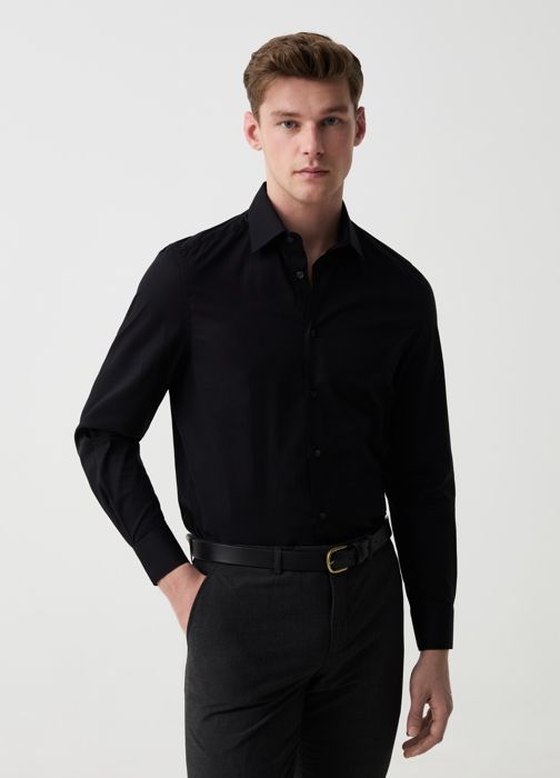 Chemise - Non spécifié - Slim - Coton extensible - Noir - Col chemise