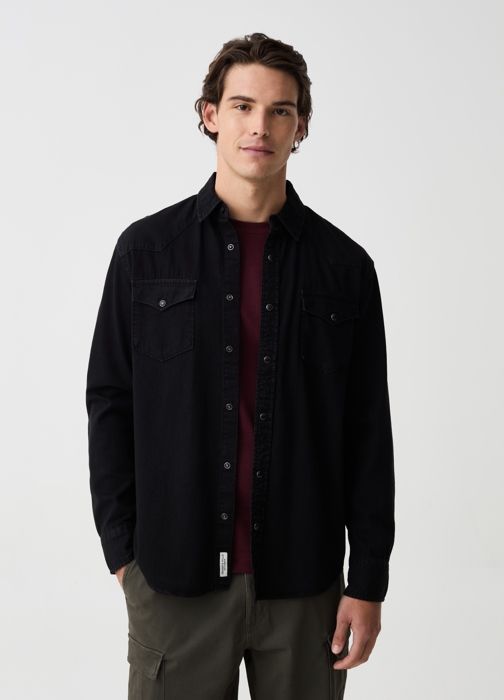 Chemise western - Grand&Hills - Denim délavé - 100% coton - Manches longues - Couleur noire