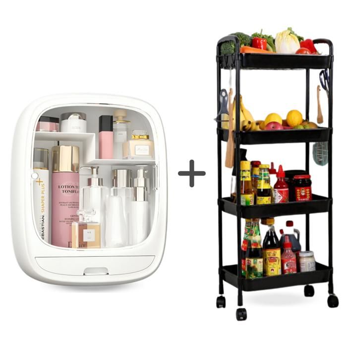 Pack Rangement Pratique : Boîte de Maquillage Murale en Acrylique Transparent + Chariot de Cuisine Noir à 4 Niveaux