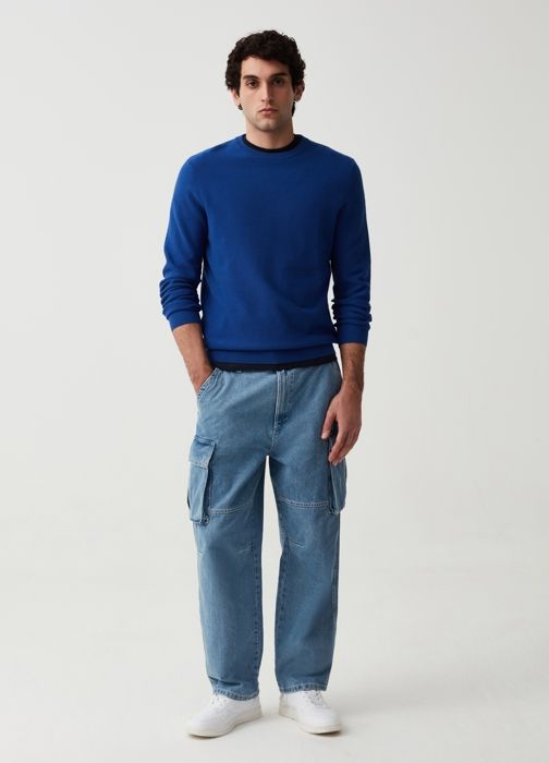 Pull en coton - Non spécifié - Bleu - Col rond - Finitions côtelées - Taille XL