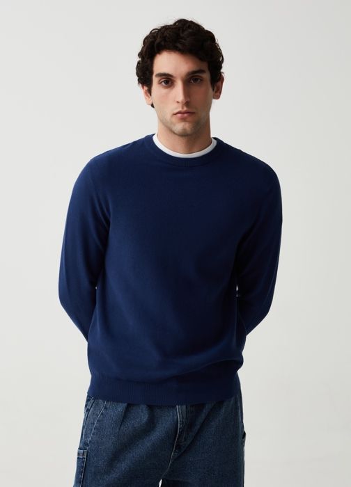 Pull en coton avec col rond-Bleu Nuit-XXL