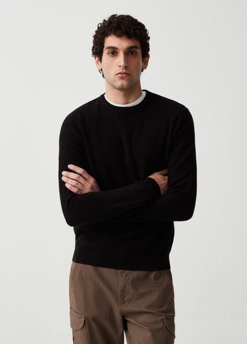 Pull en coton avec col rond-Noir-S
