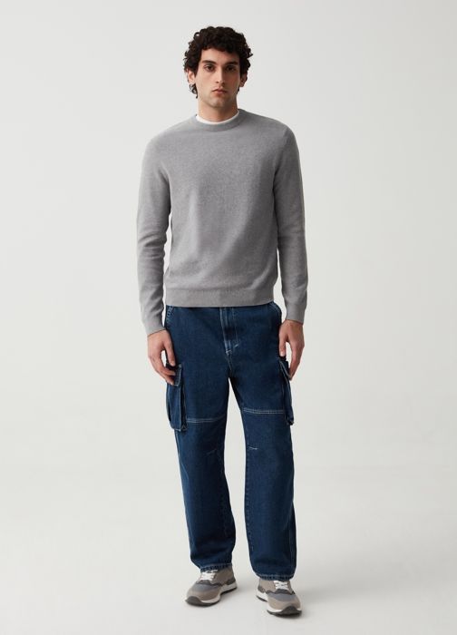 Pull en coton avec col rond-Gris-S