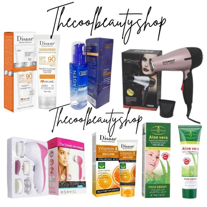 pack pour soins cheveux et visage (séche-cheveux+serum collagene+ecran invisible+brosse 5 in1 + nettoyant visade+scrub aloe vera)