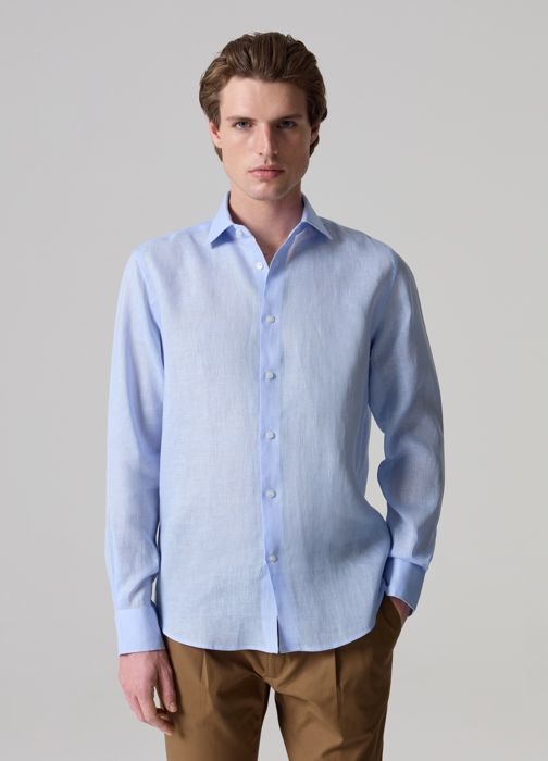 Chemise contemporaine - PIOMBO - Lin 100% recyclé - Col à revers - Manches longues - Bleu