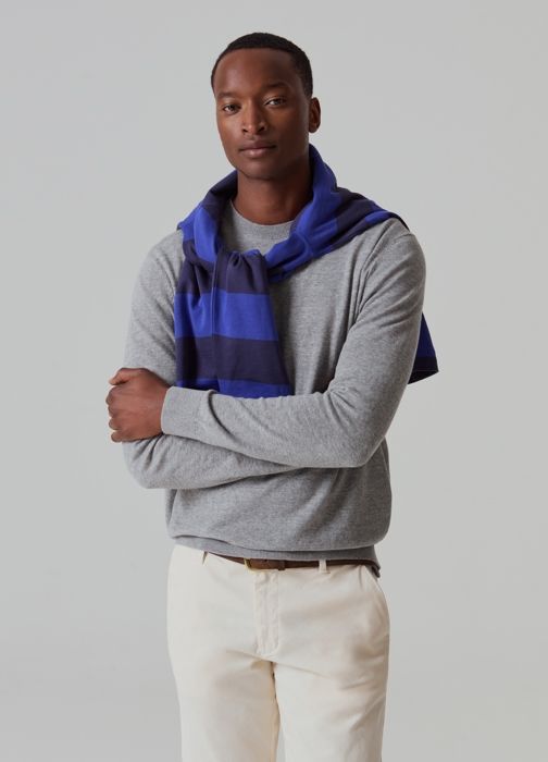 Pull en coton et lin - PIOMBO - Col rond - Finitions en bord-côte - Gris - Homme