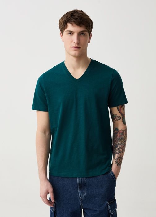 T-shirt en jersey slub avec col en V