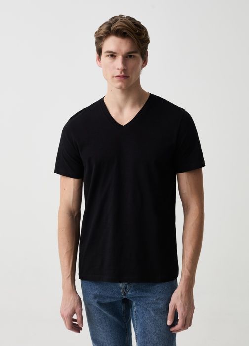 T-shirt - Non spécifié - Jersey slub - Col en V - 100% coton - Manches courtes