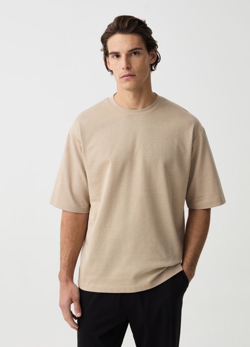 T-shirt - Non spécifié - Col V - Beige - Coton biologique - Manches courtes