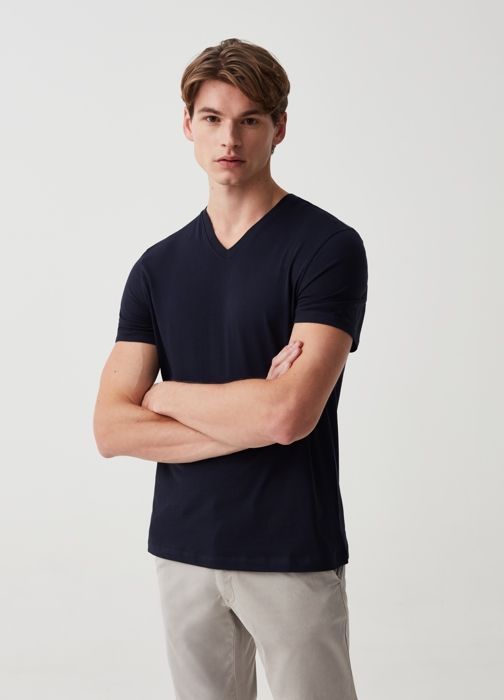 T-shirt en coton bio - Non spécifié - Col V - Manches courtes - Couleur bleu - Coupe regular