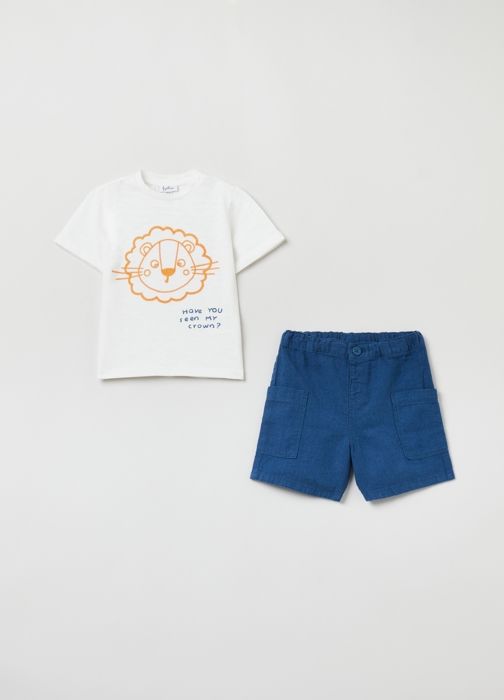 Ensemble T-shirt et short - MARQUE - Modèle - 100% coton - Broderie lion - Taille élastiquée