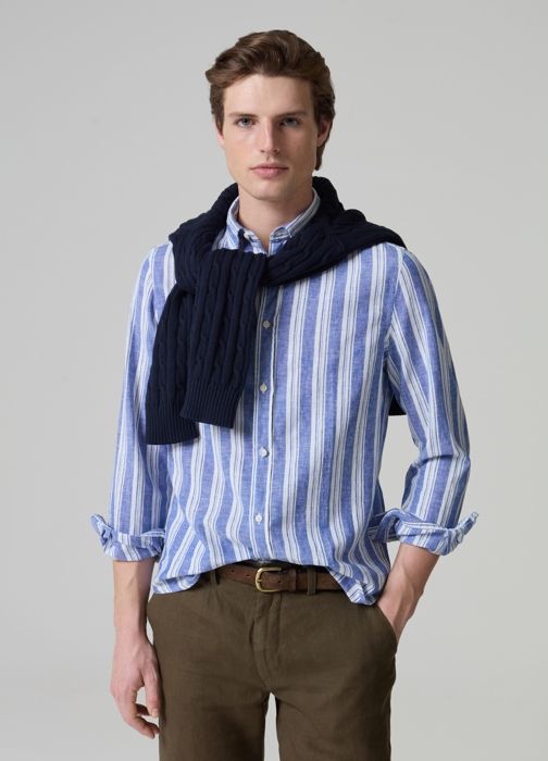 Chemise en lin et coton - PIOMBO - Rayée - Col button-down - Manches longues - Regular