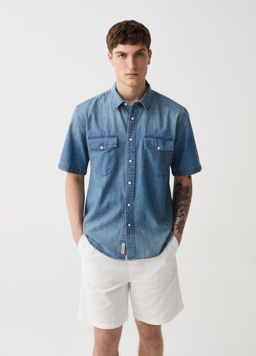 Chemise en denim - Grand&Hills - Manches courtes - 100% coton - Deux poches - Col cutaway