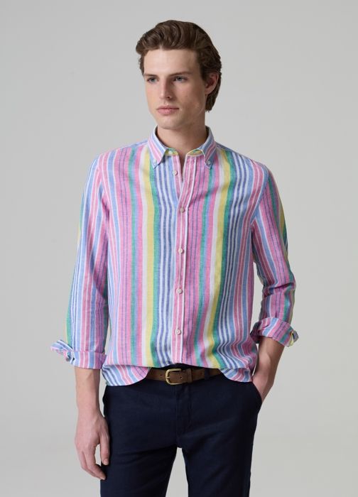 Chemise en lin et coton - PIOMBO - Rayures multicolores - Col button-down - Manches longues - Bleu