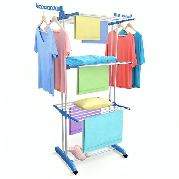 Cintre à trois niveaux, cintre réglable en acier inoxydable avec ailes pliantes pour intérieur et extérieur, Bleu