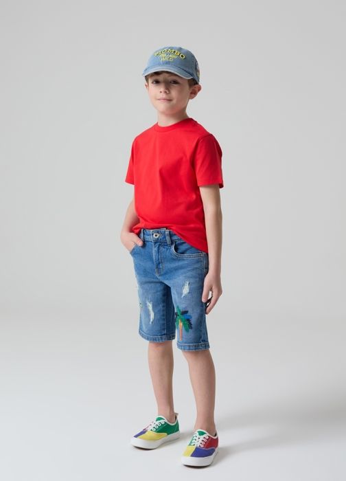 Bermuda en denim - PIOMBO - Enfant - Broderie multicolore - Réglage intérieur - Abrasions