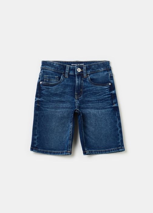 Bermuda en denim - Enfant - Garçon - Taille réglable - Cinq poches - Effet froissé