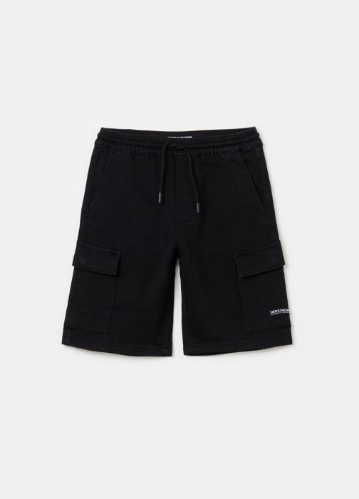 Bermudas cargo - Non spécifié - Denim - Taille élastiquée - Poches multiples - Cordon de serrage