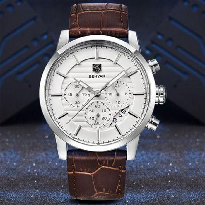 Benyar Montre homme nouvelle collection Quartz Chronographe Bracelet en Cuir Véritable-multicolor