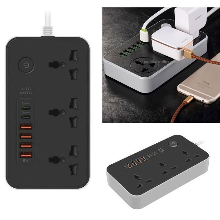 Rallonge Multiprise 2 Port Type C + HUB 4 USB + 3 Prises de courant