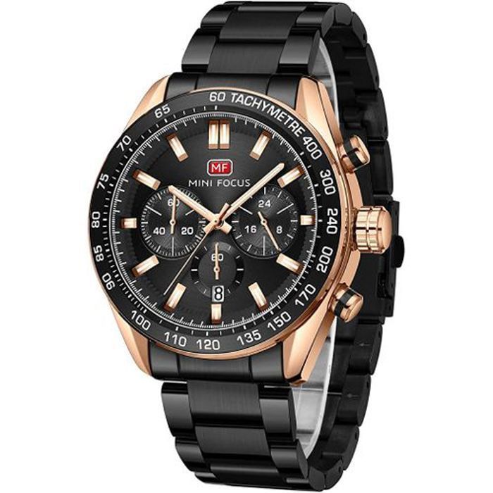 Montre homme - Mini Focus - De Luxe - Bracelet en Acier - NOIR . GOLD - Résistante à l'eau