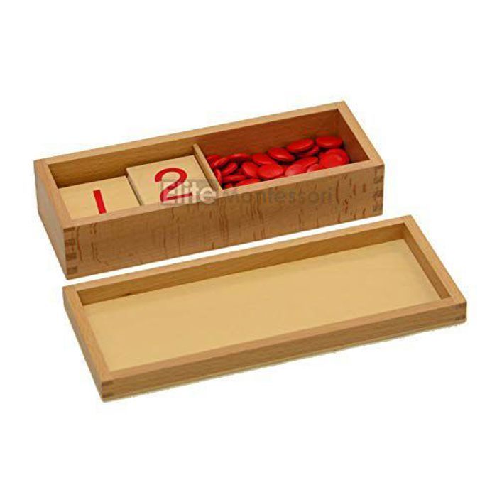 Matériel éducatif - Montessori - Boîte en bois - 10 cartes chiffrées - Jetons rouges - 4 ans et plus