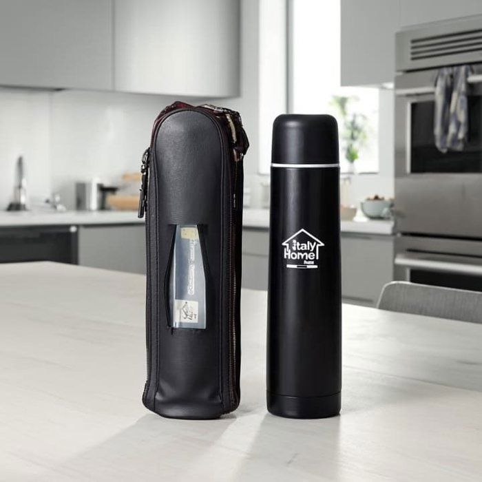 THERMOS -BOUTEILLE ISOTHERME - THERMOS - LUXE - 1L  - NOIR - POCHE CUIR-maintient de chaleur 18h