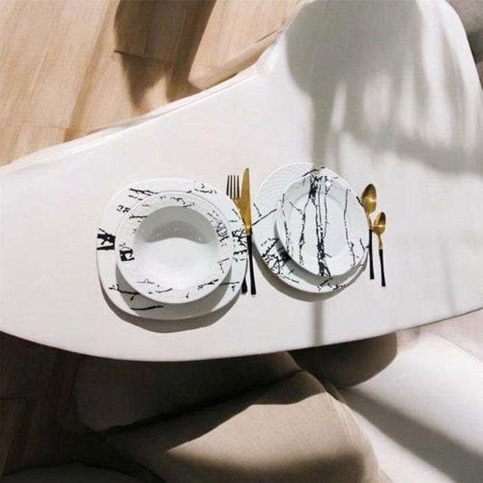 SERVICE DE TABLE - 24 PCS - Blanc et détails Noir