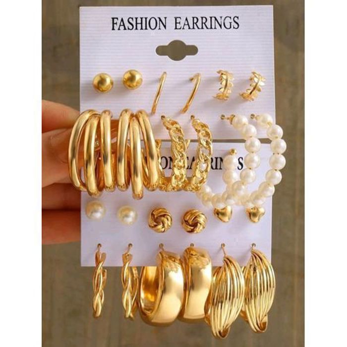 Boucles d'oreilles - Noname - 12 paires - Perles synthétiques - Doré - Clou - Puce
