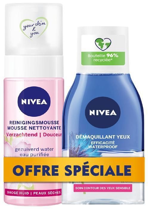 Mousse Nettoyante Onctueuse peaux sèches et sensibles, 150ml + NIVEA Démaquillant Yeux Waterproof - 125 ml