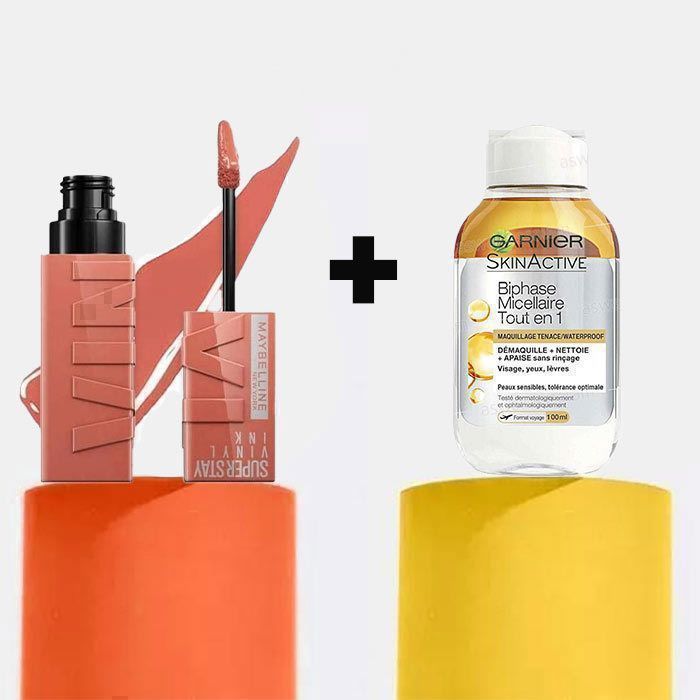 Maybelline New York Superstay Vinyl Ink Encre à Lèvres Nude Shock N°105  Awestruck  & Eau micellaire biphasé - 100ml