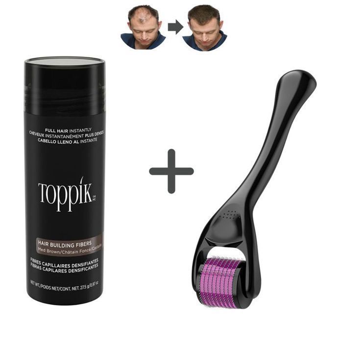 Pack Toppik Hair Building Fibers + Micro-needling Derma Roller for Hair & Beard Regrowth – Solution Complète pour Cheveux et Barbe