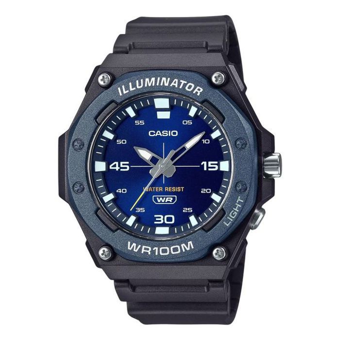 Casio Montre sport pour hommes, Cadran bleu avec bouton de lumiere- Bracelet en resine