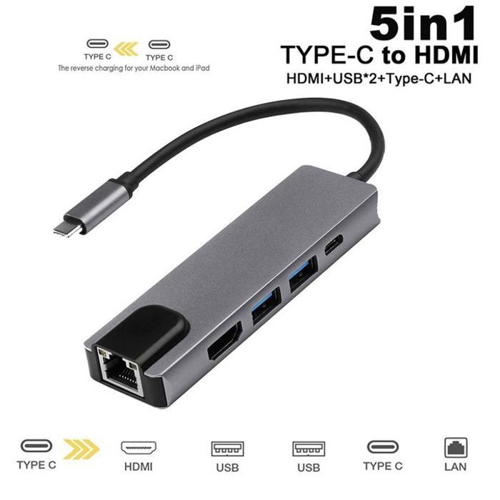 Hub Adaptateur Multiport 5 In 1 Type-C To Hdmi 4K + 2 Usb 3.0 + RJ45 + Type c_x000D_