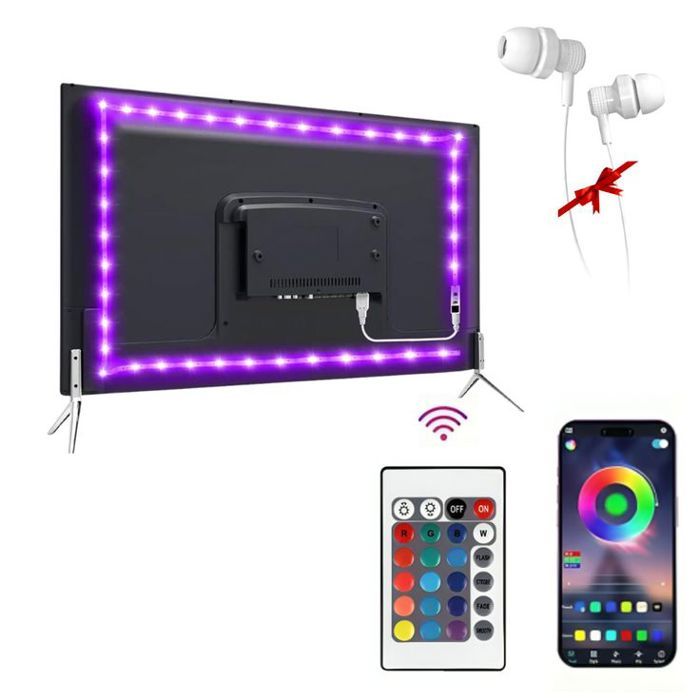 Ruban LED pour TV, bande de rétroéclairage d'écran LED contrôlée avec téléphone + Ecouteur cadeau