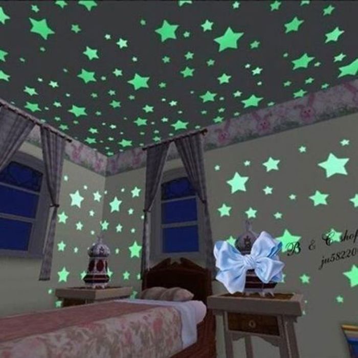 Décoration murale - Glow in the Dark - 100 étoiles lumineuses - PVC écologique - Multicolore - Chambre