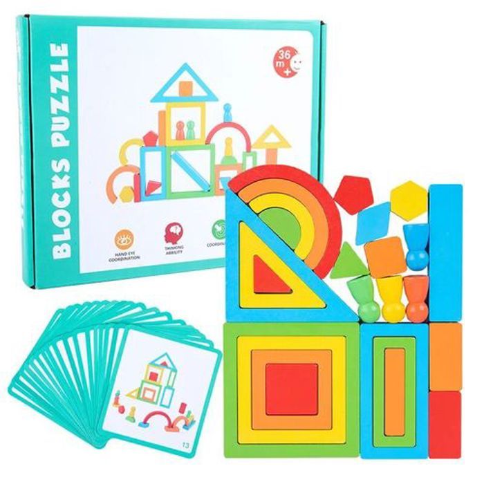 JEU D'ASSEMBLAGE - Montessori - Blocs de construction - Bois - Arc-en-ciel - 3 ans et plus