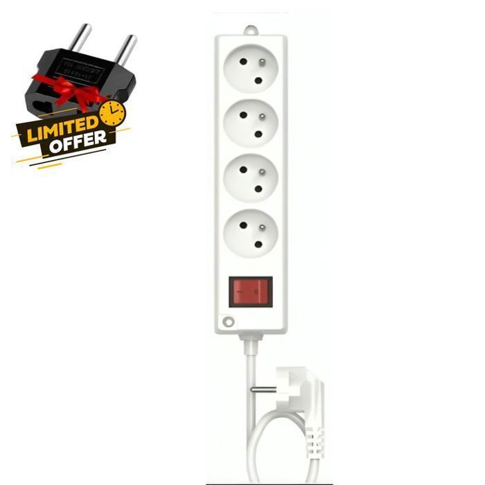 Multiprise 4 Prises avec Interrupteur, 2P + T, Bloc 4 Prises + Adaptateur de Prise US vers EU Cadeau