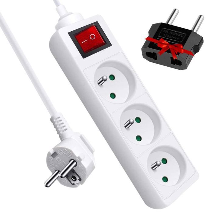 Multiprise Système Français 3 Prises + Interrupteur 3x1mm 1 mètre Blanc + Adaptateur de prise US vers EU cadeau