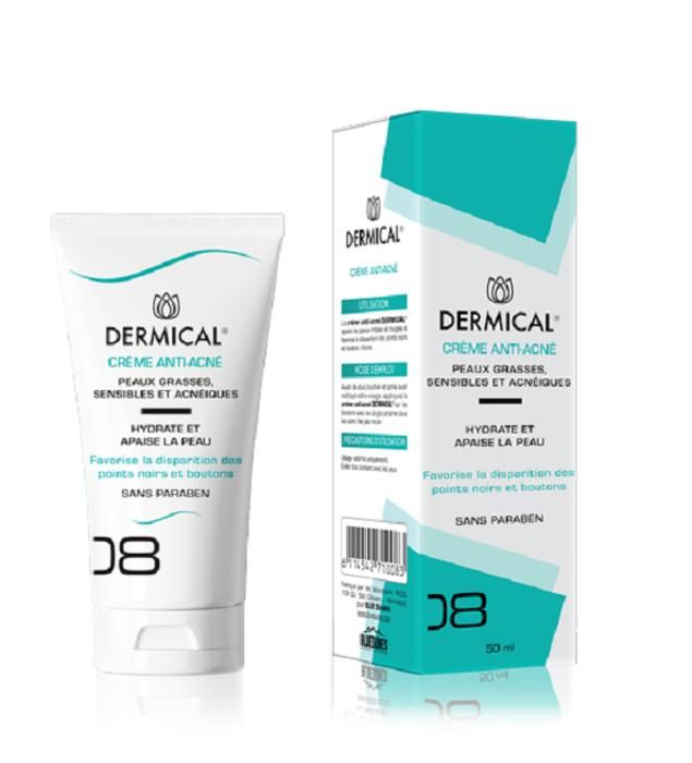 Crème Anti Acné - DERMICAL - 50Ml - Hydratant Visage - Sans Parabène - Pour Peaux Grasses