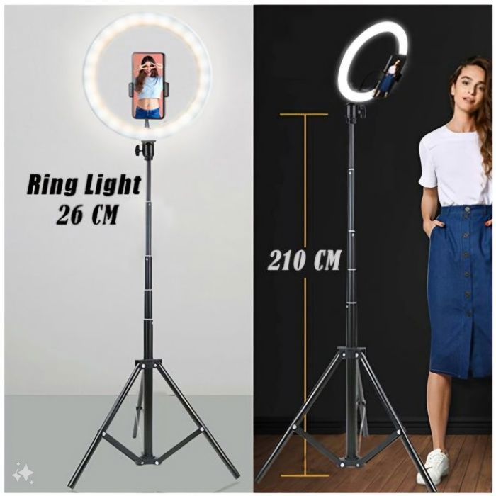 Ring Light 26 cm – Trépied Extensible 210 cm, 240 LEDs, Température 3200K–5600K Réglable