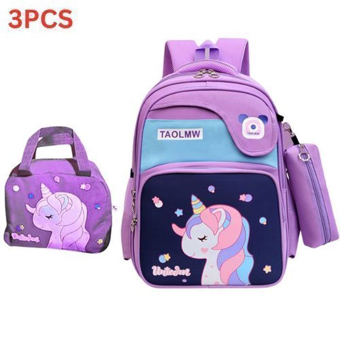 Coffret scolaire enfant de 3 pièces : sac à dos, trousse et sac de déjeuner parfaitement assortis.