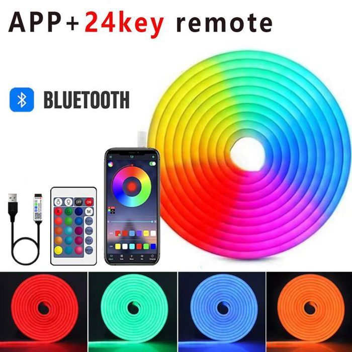 Bande LED  NEON RGB USB,Ruban Étanche et Flexible 5M,avec Télécommande par Application,pour Éclairage Extérieur de la Maiso