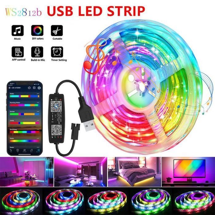 Bande lumineuse LED fantôme RGBIC WS2812B,DC 5V,5M,Bluetooth, télécommande,PC,TV,salon,escales,décoration de chambre