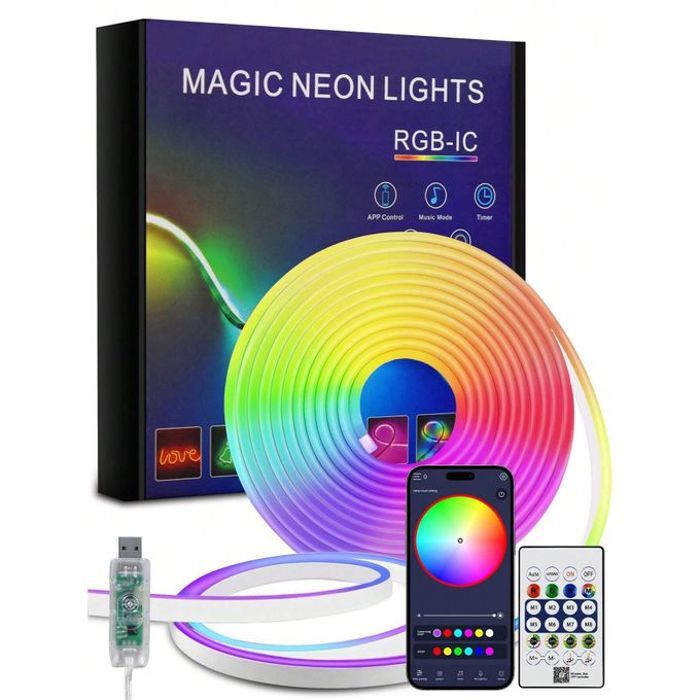 LED neons,bande lumineuse LED RGBIC 5V de 5 M avec contrôle par application,télécommande infrarouge,synchronisation avec la musique,