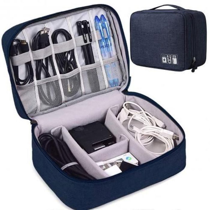 Sac de rangement électronique, organisateur de câbles portable - Bleu