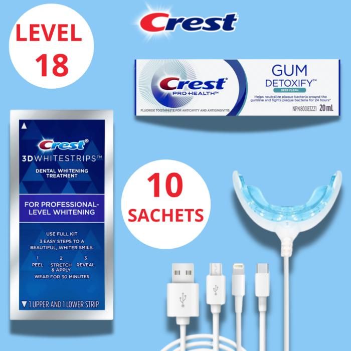 Crest 3D White pack 10 traitements LEVEL 18 + Lampe LED + Dentifrice Crest 20 ml