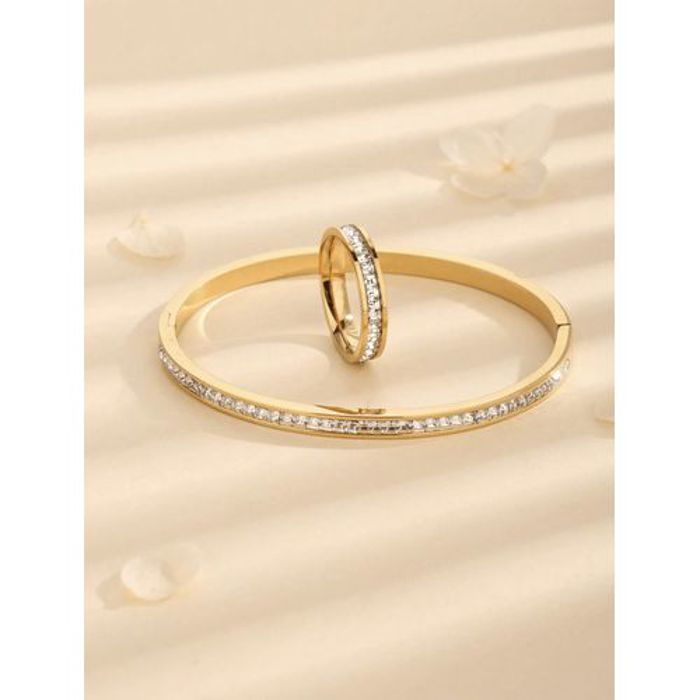 Set de bijoux - Acier inoxydable - Bracelet et bague carrés - Résistant à l'eau - Tendance 2024 - Femme