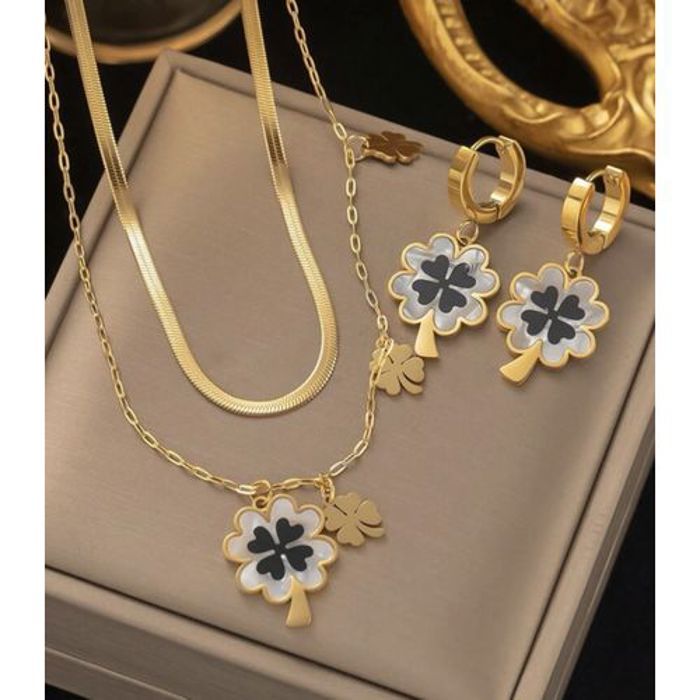 Ensemble de bijoux - Acier inoxydable - Trèfle à quatre feuilles - Doré - Résistant à l'eau - Pour femmes
